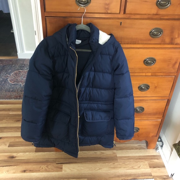 J Crew Navy blue puffer coat with Sherpa hood.  Size XXL (16/18). - Picture 3 of 4